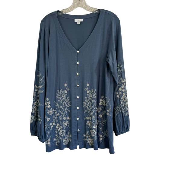 J.Jill Floral Expressions V-Neck Tunic Top Blue White Embroidered Floral Size M - Picture 3 of 14